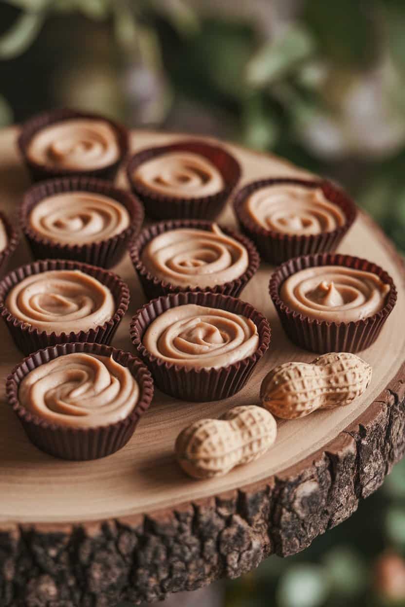An indoor close-up of layered peanut butter and dark chocolate cups in mini liners on a wooden board; no text or logos.