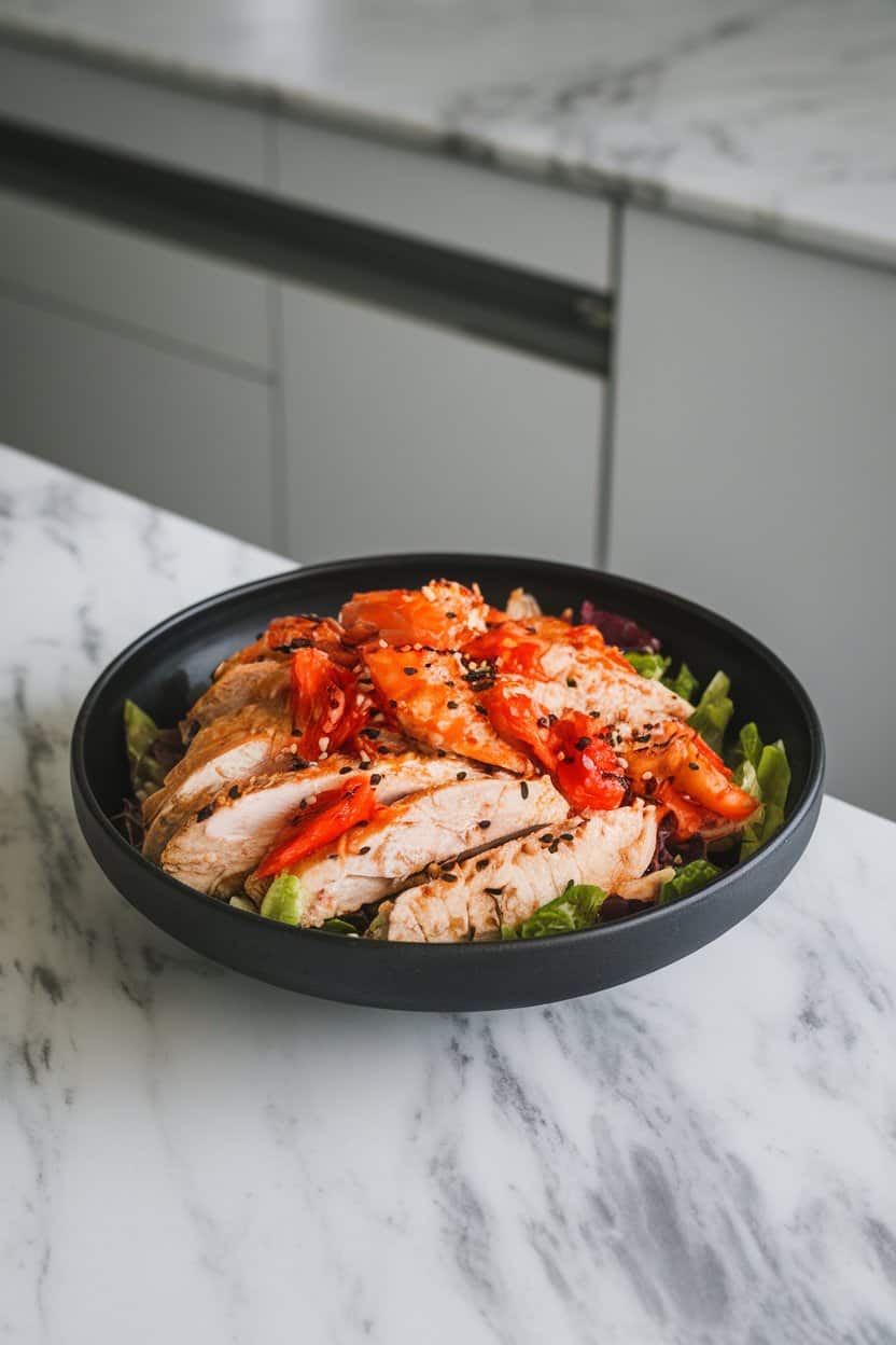 Indoor photo of chicken salad flecked with vibrant kimchi pieces and sesame seeds, served in a matte black bowl on a marble counter—no text or logos