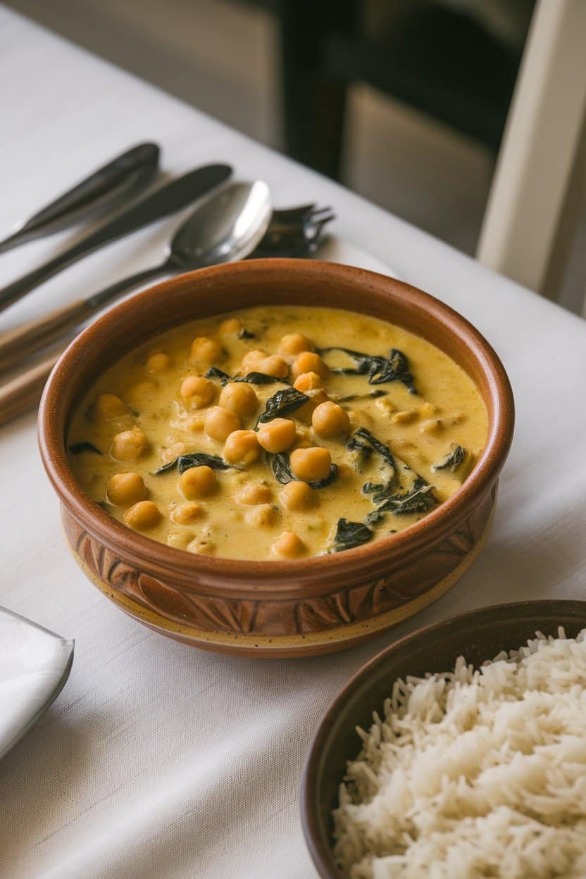A ceramic bowl of creamy golden curry dotted with chickpeas and spinach on an indoor table, with a side of fluffy basmati rice. No text or logos in scene. Photo only.