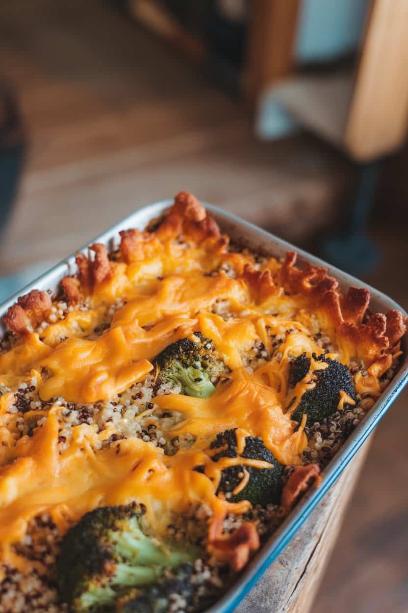 An indoor casserole dish with bubbly quinoa, broccoli florets, and melted sharp cheddar on top, crispy edges showing. Slight overhead angle, no text or logos. Photo only.