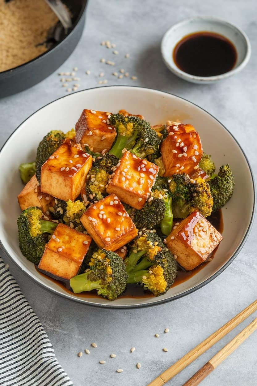 Indoor wok shot of golden seared tofu cubes tossed with broccoli florets and sesame seeds in a glossy soy glaze. Photo, no text or logos.