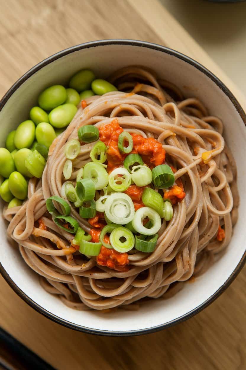 An indoor bowl of buckwheat soba noodles tossed with edamame, sliced scallions, and a chili-garlic sauce. Overhead angle, no text or logos. Photo only.