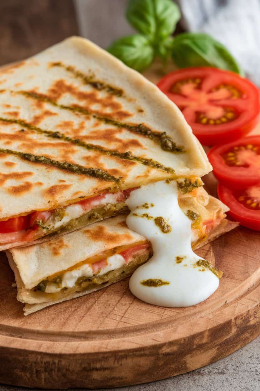 Indoor tabletop showing a golden-brown quesadilla wedge oozing mozzarella with visible basil pesto streaks and sliced tomatoes, served on a wooden board. No text or logos, photo not illustration.