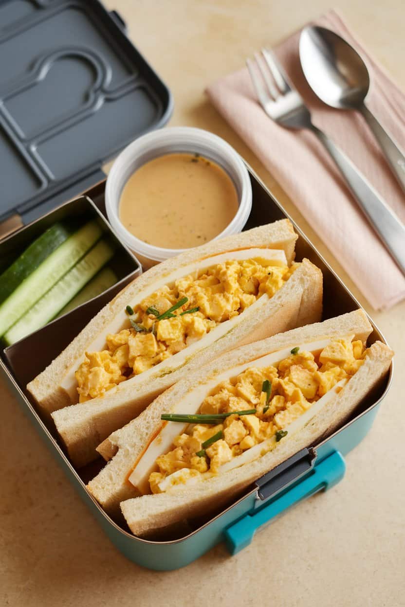 Photo of an indoor lunchbox containing triangle-cut sandwiches filled with crumbled tofu “egg” salad flecked with turmeric and chives. No text or logos visible.