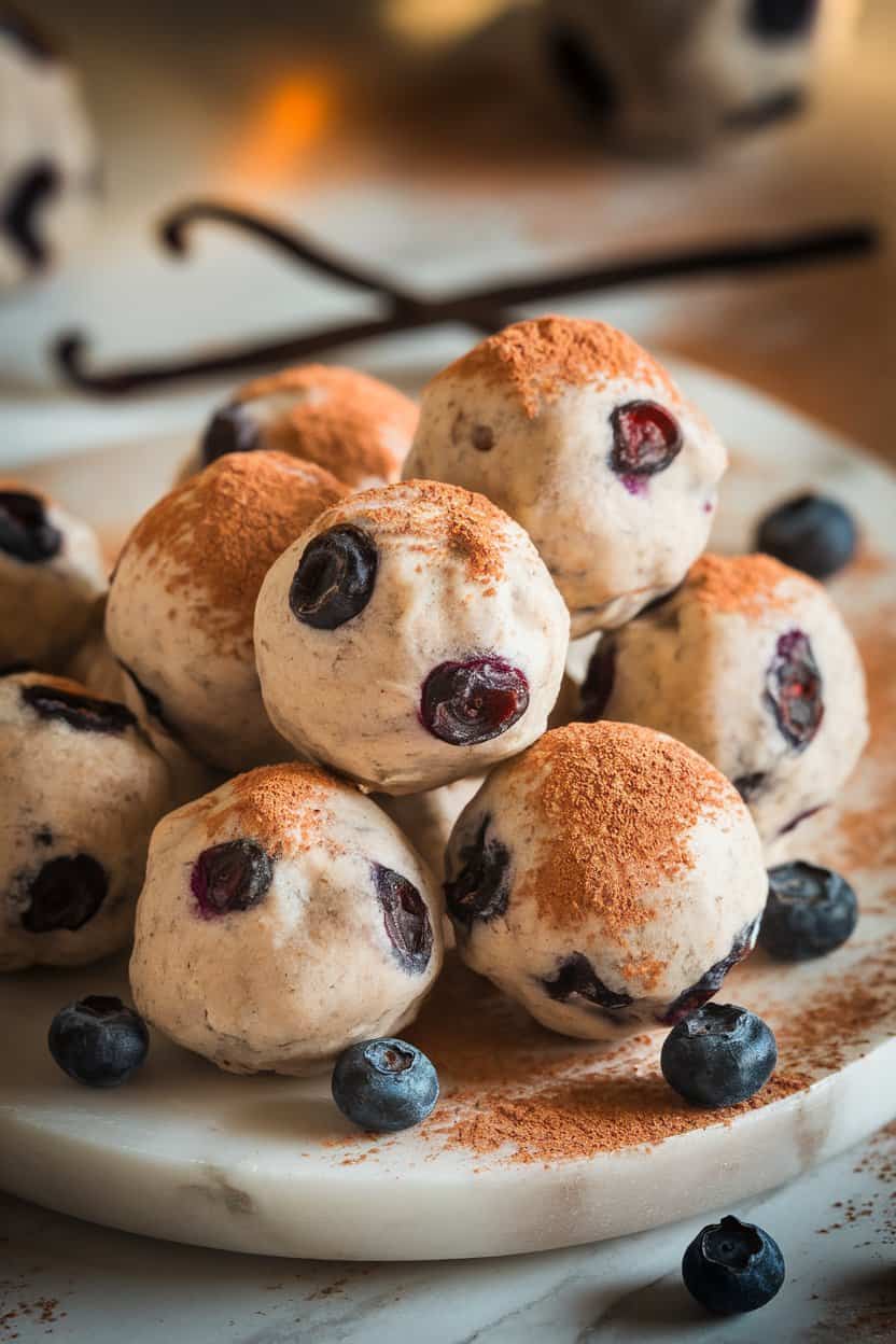 Indoor shot of light beige protein balls studded with dried blueberries, resting on a marble plate with a vanilla bean pod in background. No text or logos. Photo only.