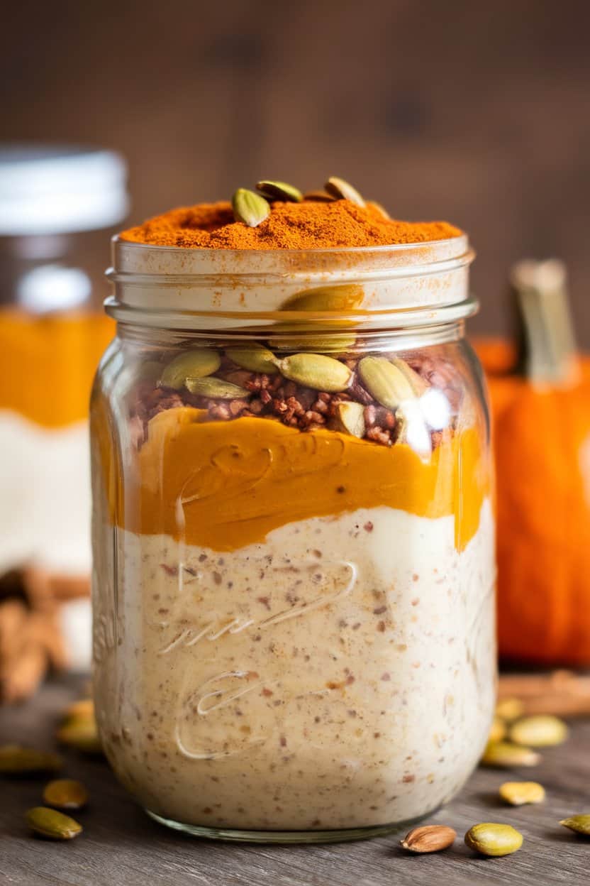 Indoor photo of a mason jar layered with pumpkin overnight oats, topped with pepitas; no text or logos