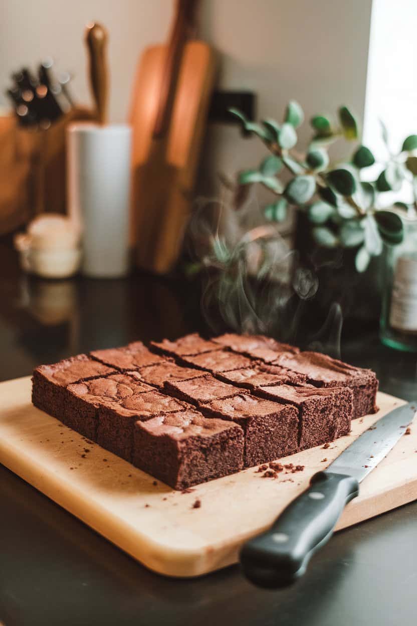 A cutting board on an indoor kitchen counter with fudgy almond flour brownies cut into neat squares, faint steam rising. No logos or text present.