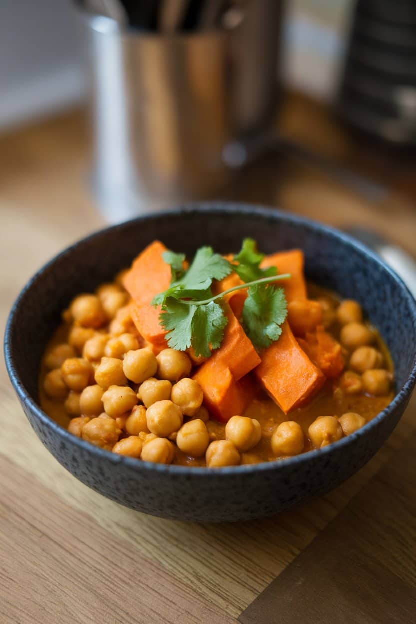 A deep bowl on an indoor wooden table filled with orange sweet potato chunks and chickpeas in a rich coconut curry, cilantro sprinkled on top, no text or logos.