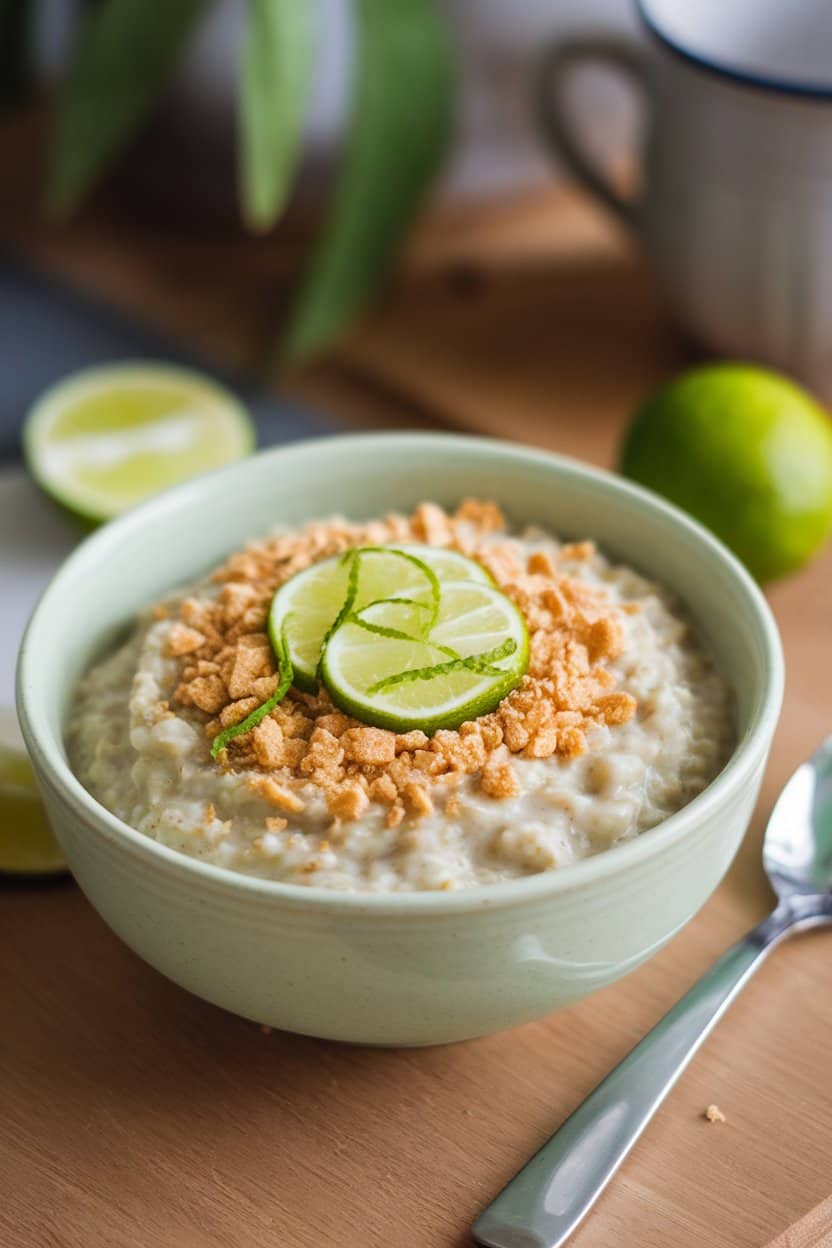Indoor photo of pale green oats topped with lime zest and crushed graham crackers, no text or logos.