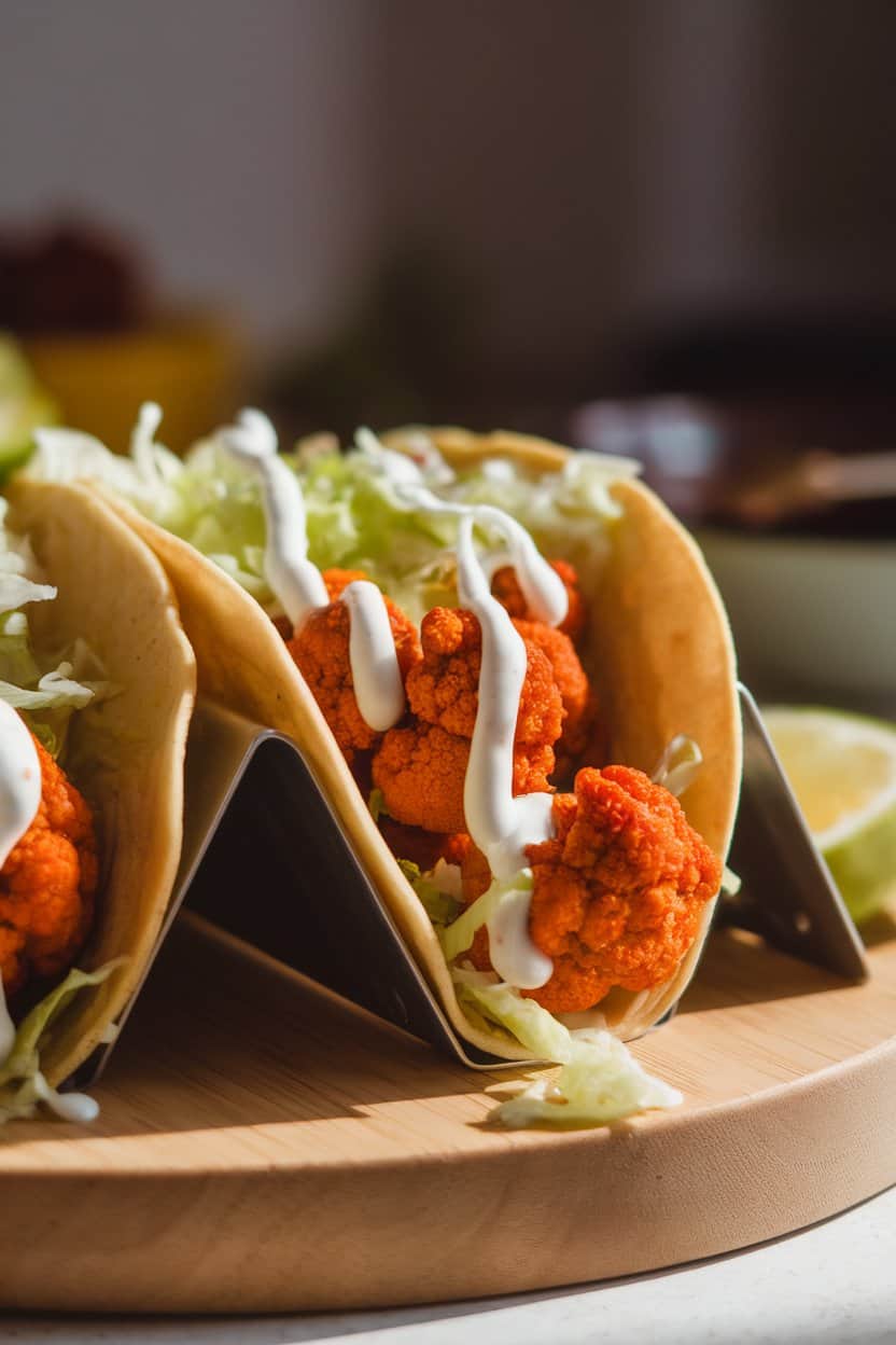 Soft indoor lighting on a taco shell filled with spicy buffalo cauliflower florets, shredded lettuce, and vegan ranch drizzle, no text or logos present.