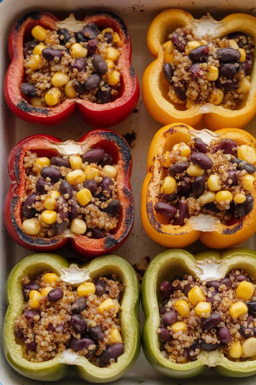 Indoor photo of halved bell peppers filled with quinoa, black beans, and corn, baked until edges char lightly; presented in a baking dish, no text or logos