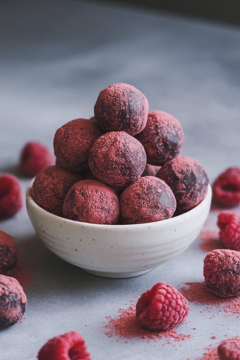 Indoor scene with dark chocolate protein balls covered in freeze-dried raspberry powder, no text or logos. Photo only.