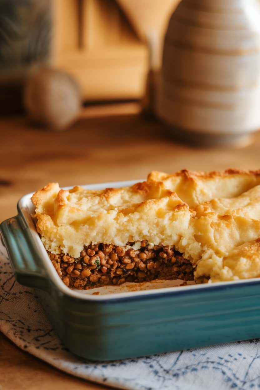 A ceramic dish on an indoor table showing a slice of shepherd’s pie with golden mashed potato topping, lentil filling peeking through, no text or logos.