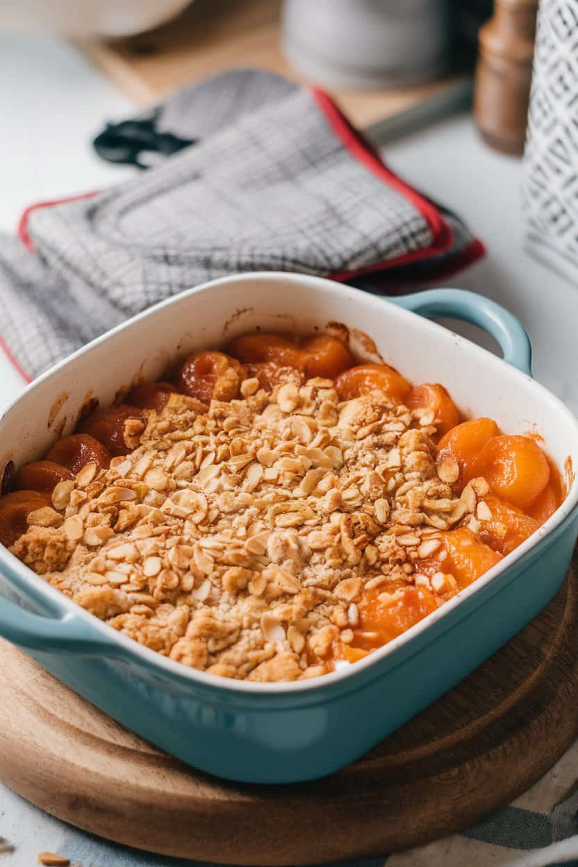 An indoor baking dish with bubbling apricot filling beneath a golden almond crumble topping, oven mitts beside it. No text or logos present.