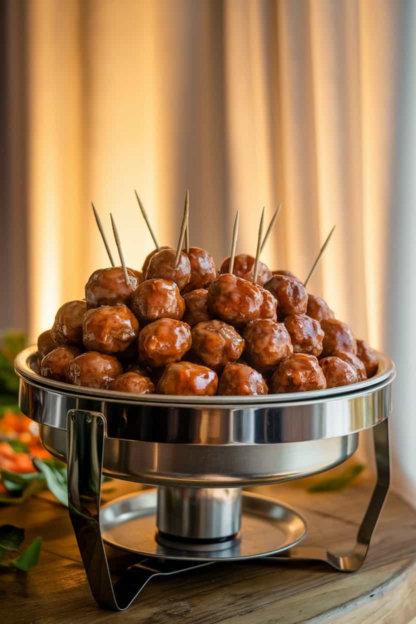 Indoor chafing dish filled with glazed meatballs, toothpicks inserted for grabbing, soft background lighting, no text or logos.