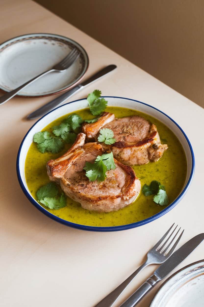 An indoor dining table set with a shallow dish of pork chops partially submerged in bright green salsa verde, cilantro leaves floating on top. No logos or text. Photo, not illustration.