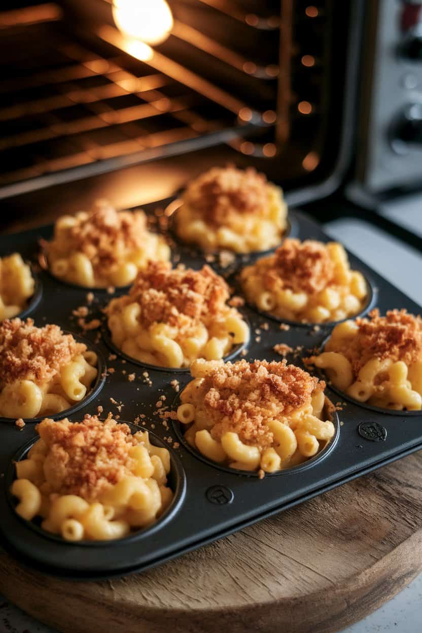 Indoor muffin tin filled with individual mac and cheese portions topped with crispy breadcrumbs; warm oven glow; no text or logos.
