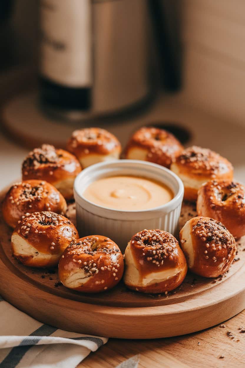 An indoor serving board with soft pretzel bites dusted in everything-bagel seasoning, alongside a ramekin of cheese sauce. No logos present.