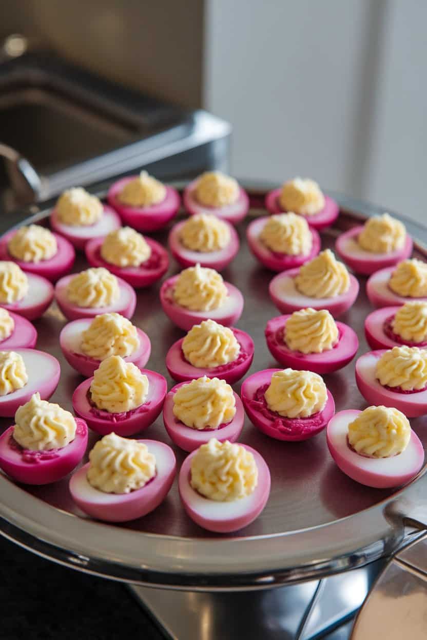 An indoor buffet platter showing halved hard-boiled eggs with shells removed, whites tinted pink from beet juice dye, filled with classic deviled yolk mixture. No logos present.