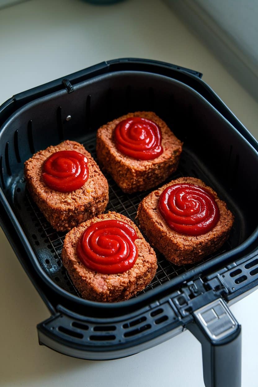 Indoor countertop with four mini meatloaves in an air-fryer basket, each topped with a small swirl of ketchup. No text or logos. Photo only.