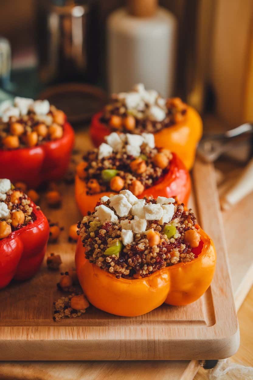 Indoor oven dish with roasted bell peppers filled with cooked quinoa, chickpeas, and diced vegetables, melted feta sprinkled on top. Warm kitchen lighting, no text or logos.
