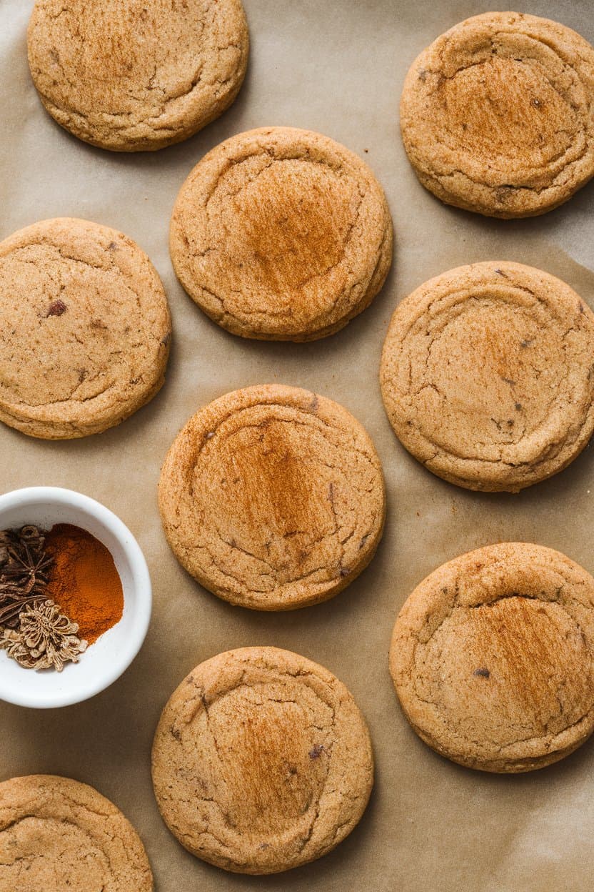 Indoor photo of round vegan cookies speckled with chai spice on parchment, small bowl of whole spices nearby, no text or logos