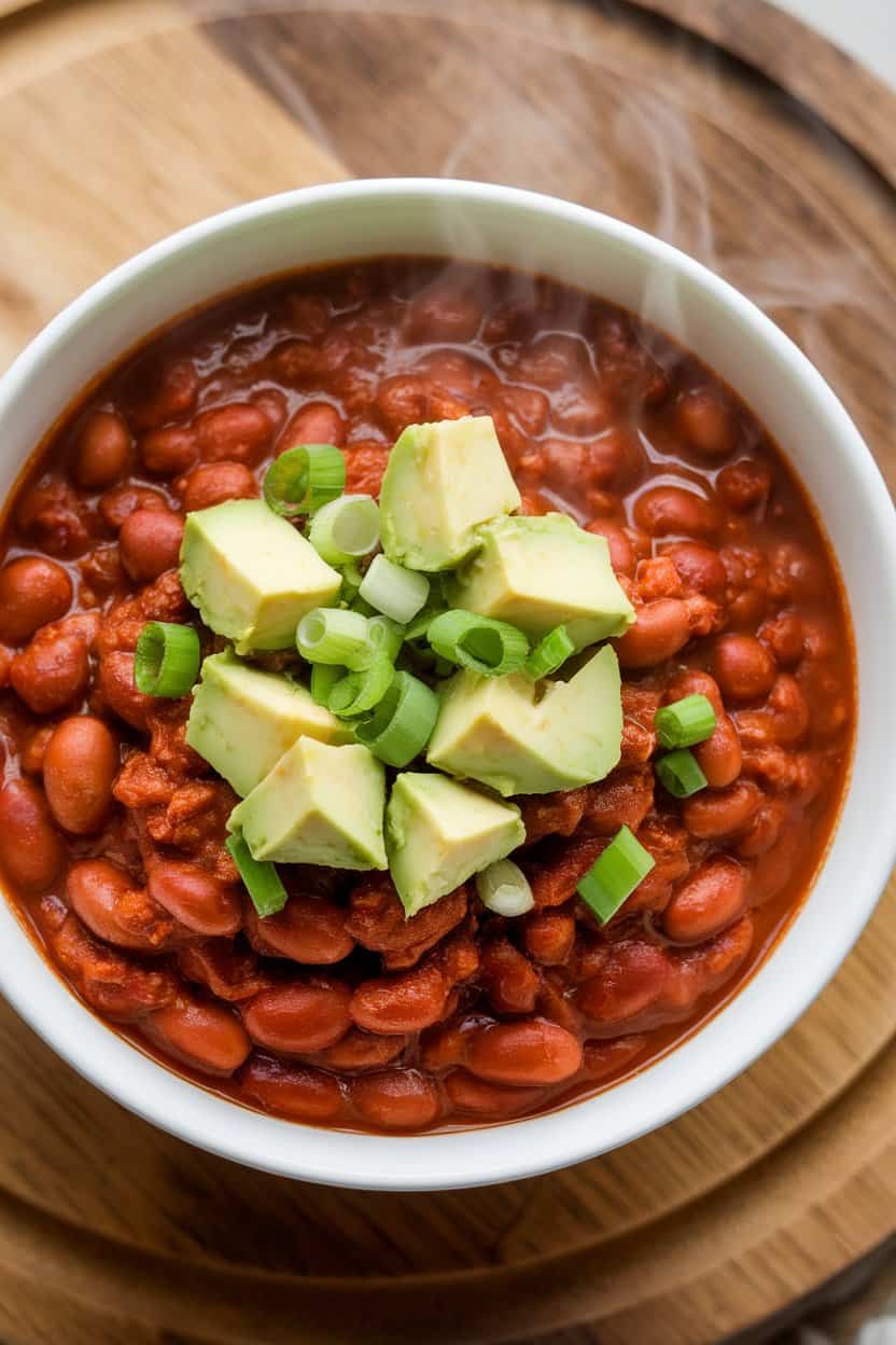 Indoor bowl of chunky bean chili topped with diced avocado and green onions, no text or logos anywhere.