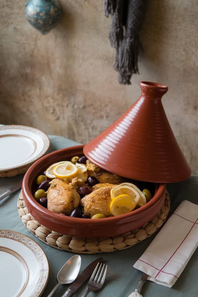 Indoor table featuring a clay tagine filled with braised chicken, olives, and preserved lemon slices, no text or logos.