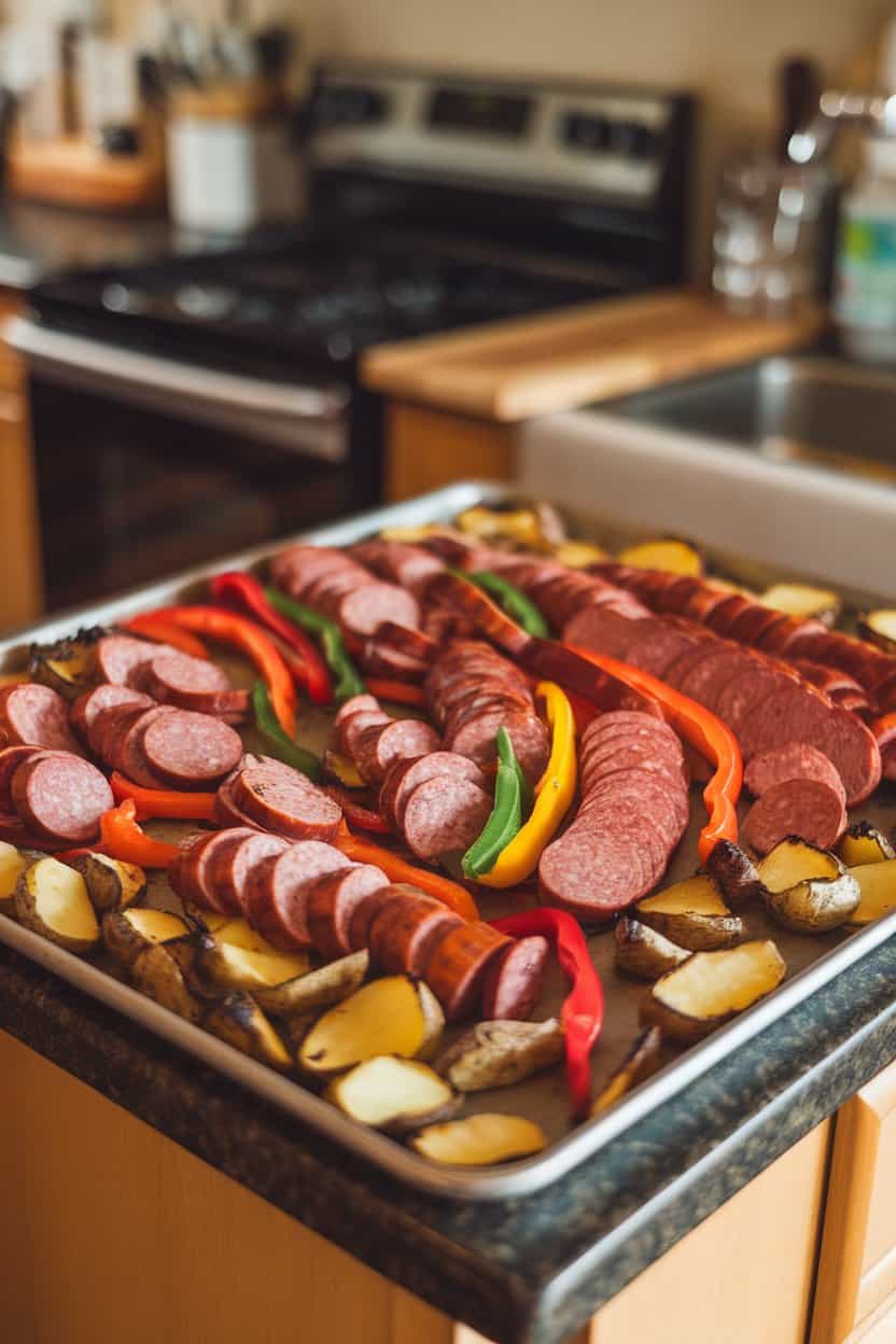 Photo of an indoor kitchen island displaying a sheet pan filled with sliced cooked sausage, rainbow bell peppers, and crispy potato chunks lightly charred at the edges. No text or logos present.