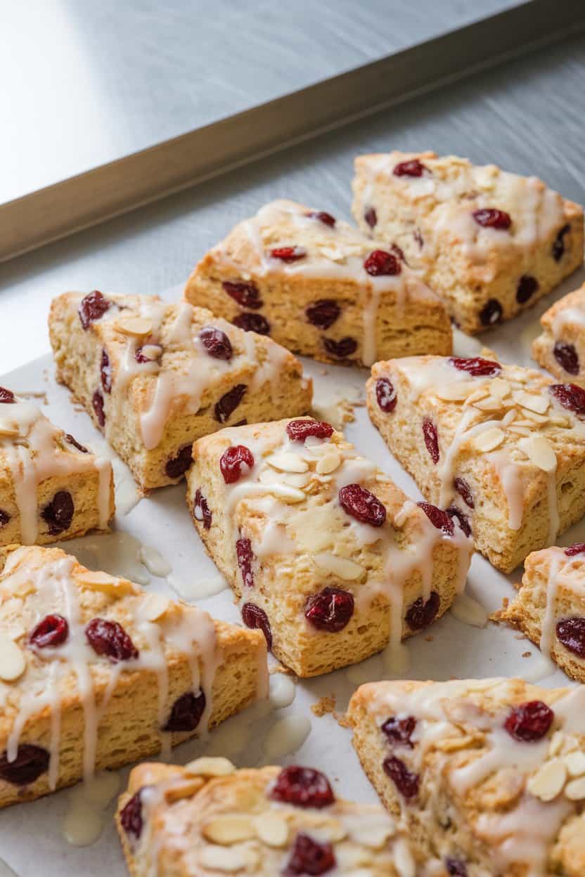 An indoor bakery counter showing flaky triangular scones dotted with dried cherries and slivered almonds, lightly glazed with almond icing. No text or logos.