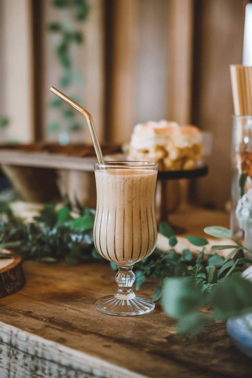 A photo of an indoor dessert bar featuring a vintage soda glass with creamy tan mocktail, tiny bubbles, and a reusable straw. No logos or text anywhere.