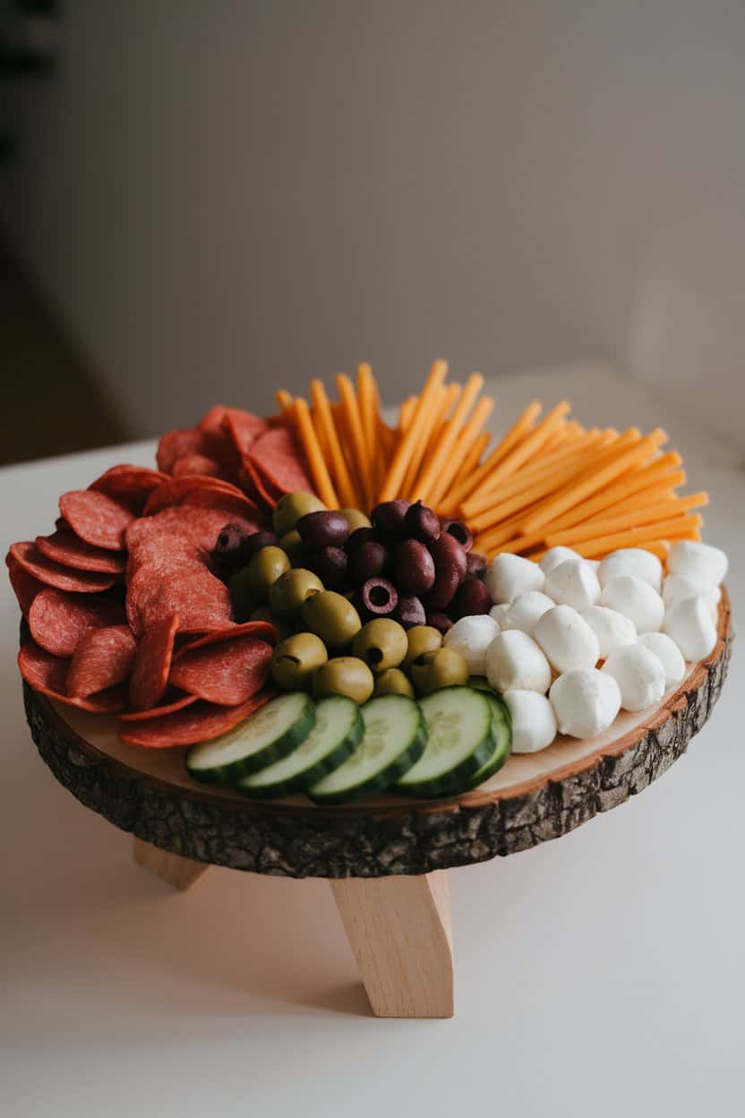Indoor photo of a charcuterie board showing pepperoni chips, cheddar sticks, olives, cucumber slices, and mozzarella balls; clean minimal lighting, no text or logos
