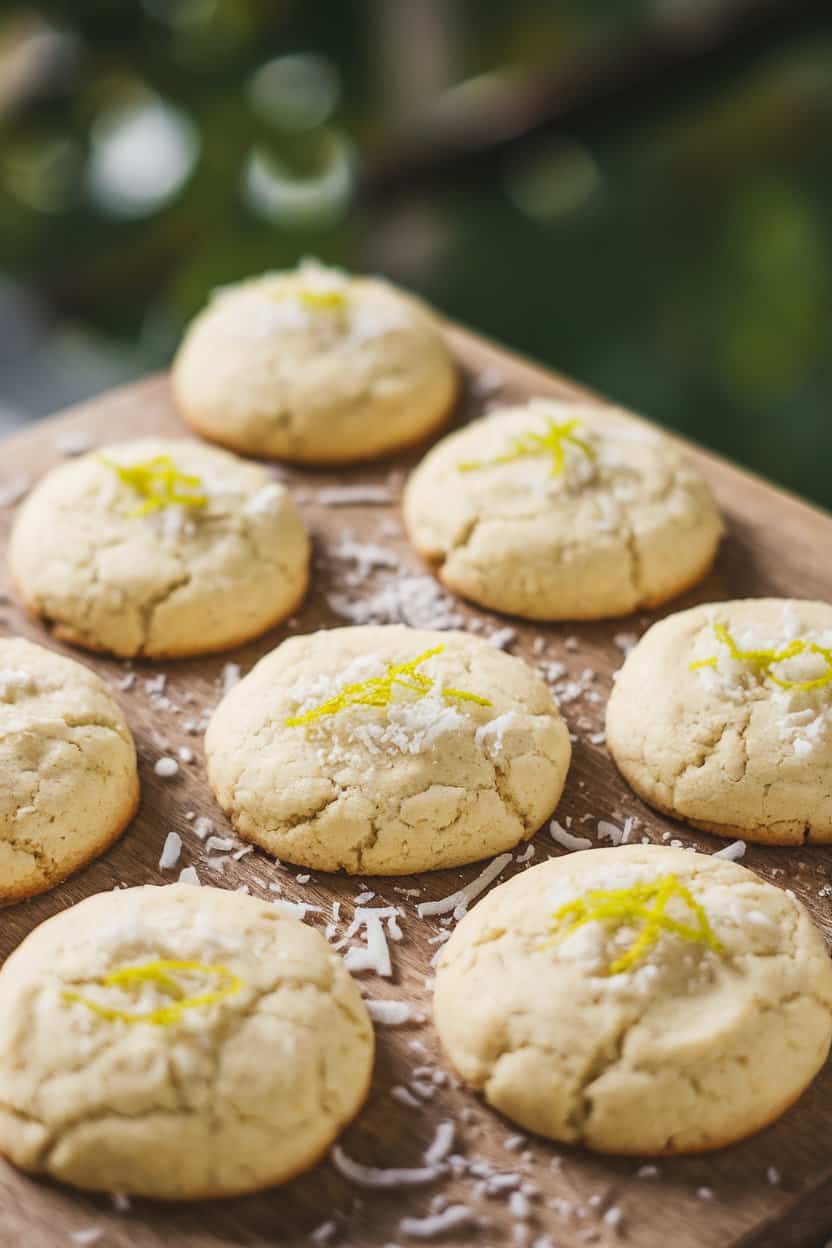 Indoor photo of light vegan cookies with shredded coconut and lime zest sprinkled on top, no text or logos