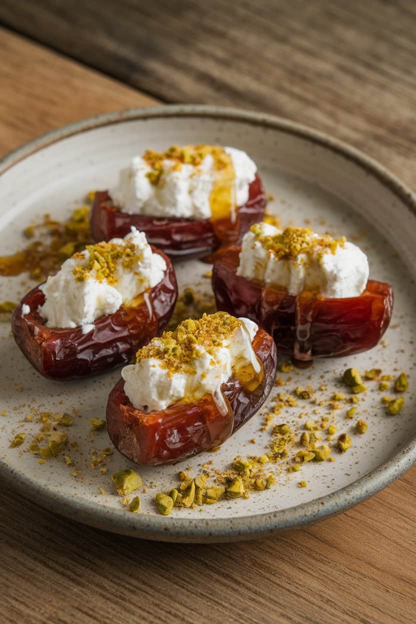 An indoor ceramic plate of plump Medjool dates split and filled with creamy ricotta, honey drizzled on top, pistachio crumbs scattered. No text or logos anywhere.