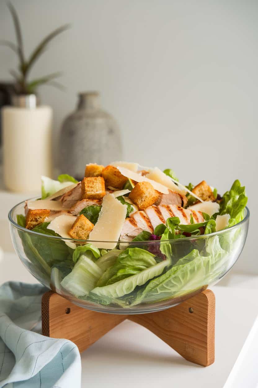 A large indoor salad bowl brimming with romaine, grilled chicken slices, Parmesan shards, and croutons, no text or logos.