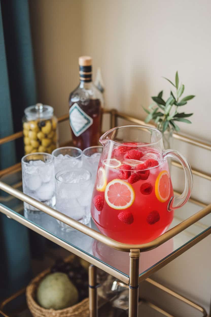 An indoor bar cart holding a clear pitcher of bright pink lemonade with floating raspberries and lemon wheels, alongside ice-filled glasses. No text or logos.