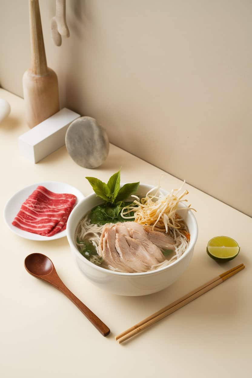 Indoor tabletop featuring a steaming bowl of chicken pho with rice noodles, basil leaves, and bean sprouts alongside; no text or logos.