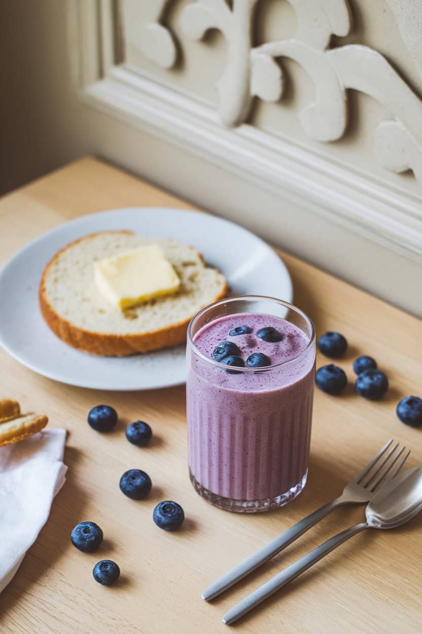 Indoor photo of a breakfast scene with a glass of vibrant purple blueberry kefir smoothie on a wooden table, scattered berries nearby; no logos or text.