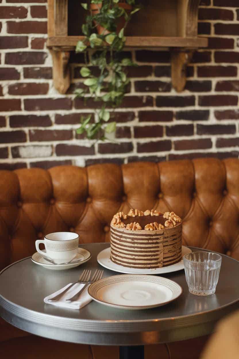 A cozy indoor café table with a layered coffee walnut cake, espresso-tinted frosting, and toasted walnut halves adorning the top. No text or logos. Photo only.