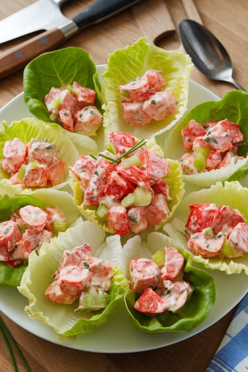 Indoor photo of butter lettuce leaves filled with chunks of cooked lobster mixed with light mayo, celery, and chives, arranged on a platter. No text or logos.</p