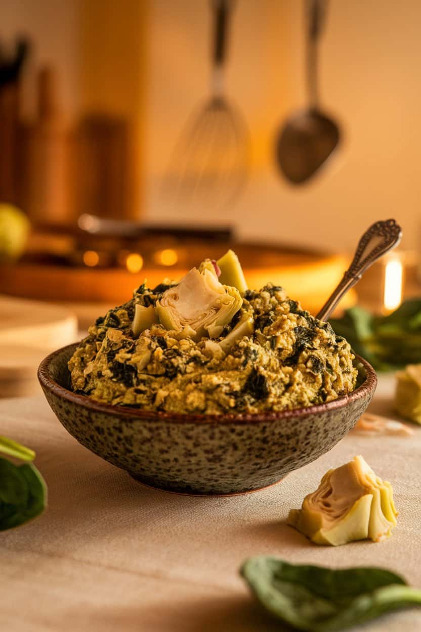 Indoor photo of a chunky greenish tapenade flecked with artichoke pieces and spinach in a rustic bowl, a mini spoon for serving; warm kitchen lighting, no text or logos.