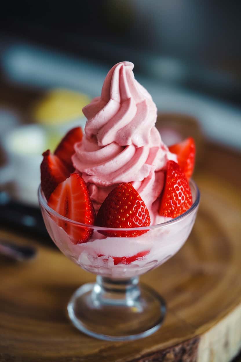 An indoor dessert bowl swirling pink frozen “nice” cream topped with fresh strawberry slices; photographed from a 45-degree angle; no text or logos.
