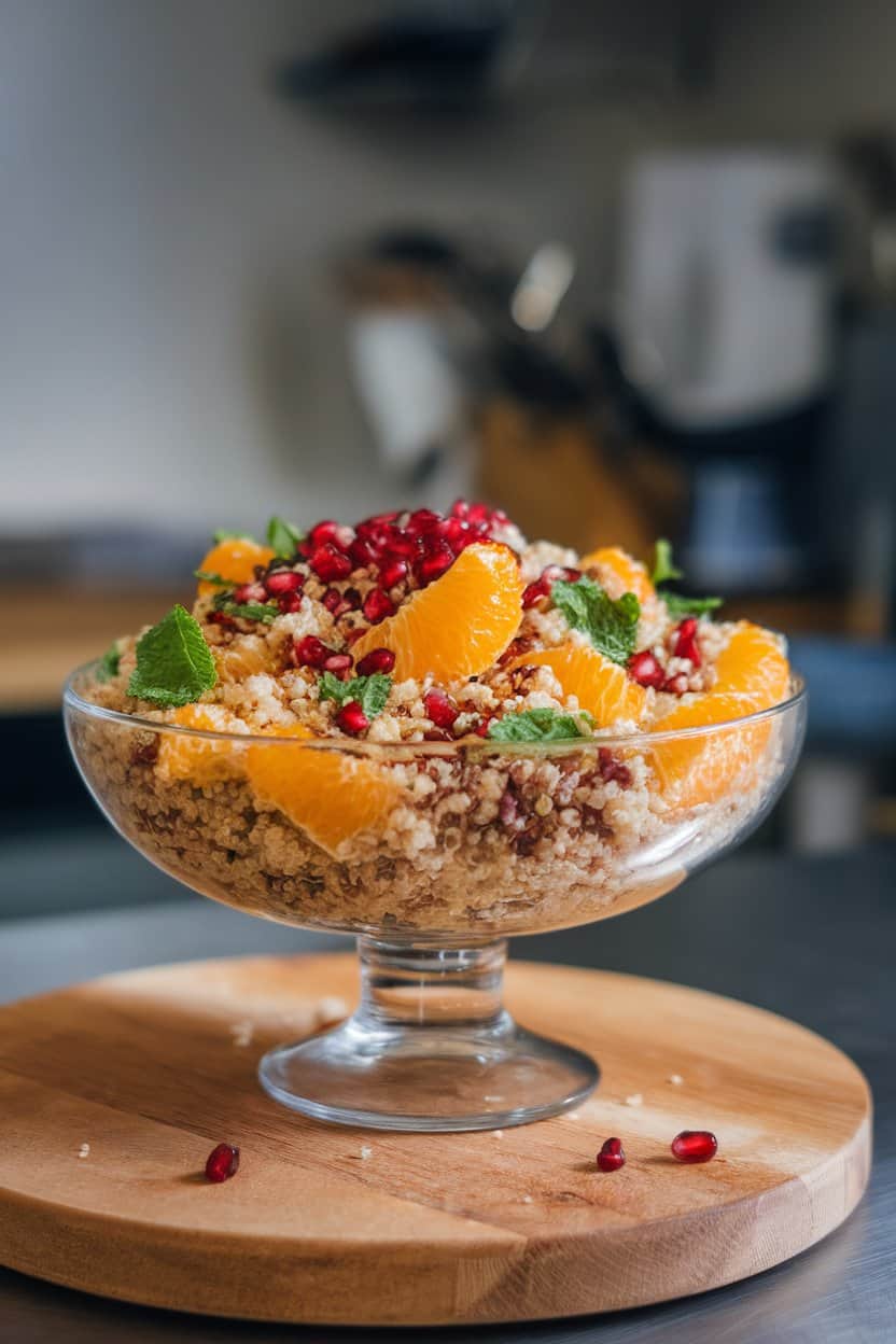 Indoor photo of a serving bowl filled with fluffy quinoa, orange segments, chopped mint, and pomegranate seeds; bright countertop lighting, no text or logos
