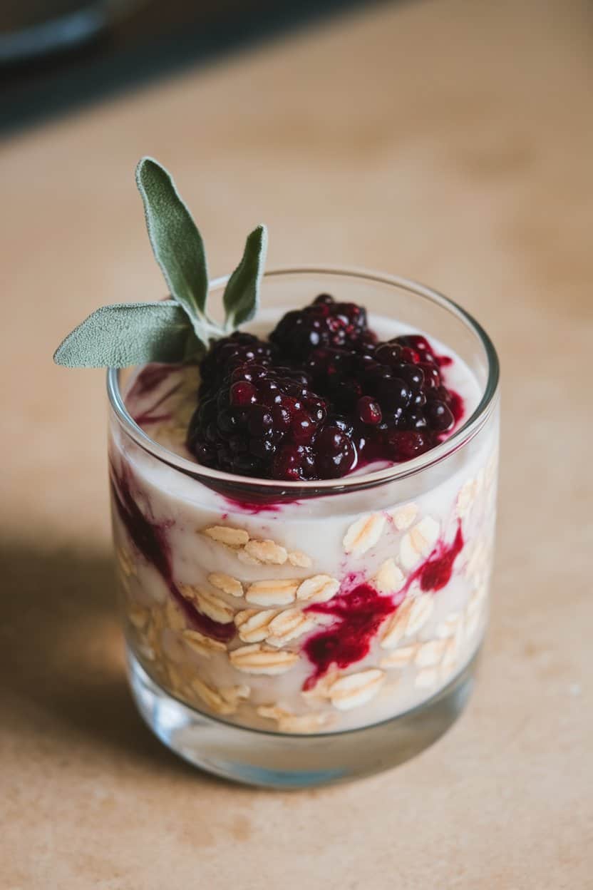 Indoor photo of oats swirled with blackberry compote and tiny sage leaves garnish, presented in a small glass; no text or logos.