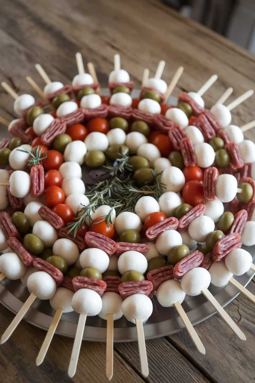 Indoor platter holding wooden skewers threaded with mozzarella balls, cherry tomatoes, olives, and folded salami slices, herbs sprinkled over. No text or logos, photo not illustration.