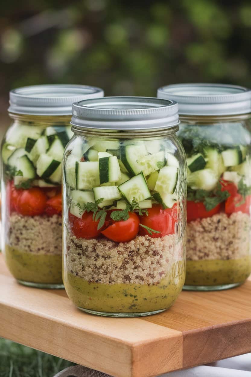 Indoor photo of mason jars layered with cooked quinoa, diced cucumber, cherry tomatoes, and chopped herbs, vinaigrette at the bottom; no text or logos anywhere.