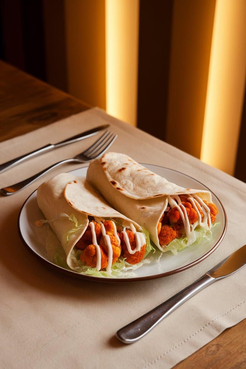 Indoor dining table featuring soft tortillas filled with roasted buffalo cauliflower, shredded lettuce, and ranch drizzle; warm lighting; no text or logos.