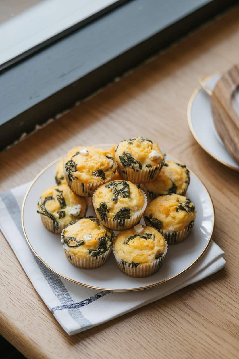 An indoor breakfast nook with a plate of mini baked egg muffins studded with spinach and feta, napkin underneath. Slight overhead view, no text or logos. Photo only.