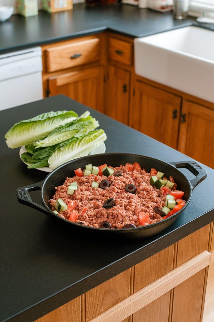 Indoor kitchen island showing a skillet of ground turkey cooked with diced cucumber, tomato, and olives, alongside a plate of romaine leaves. No text or logos.