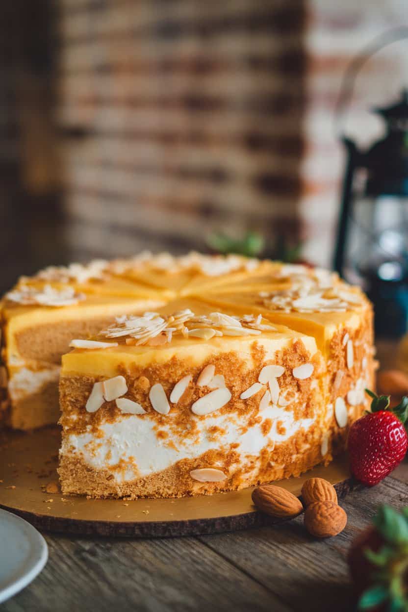An indoor table with a golden King Cake slice revealing creamy almond frangipane, slivered almonds sprinkled on top. No text or logos.